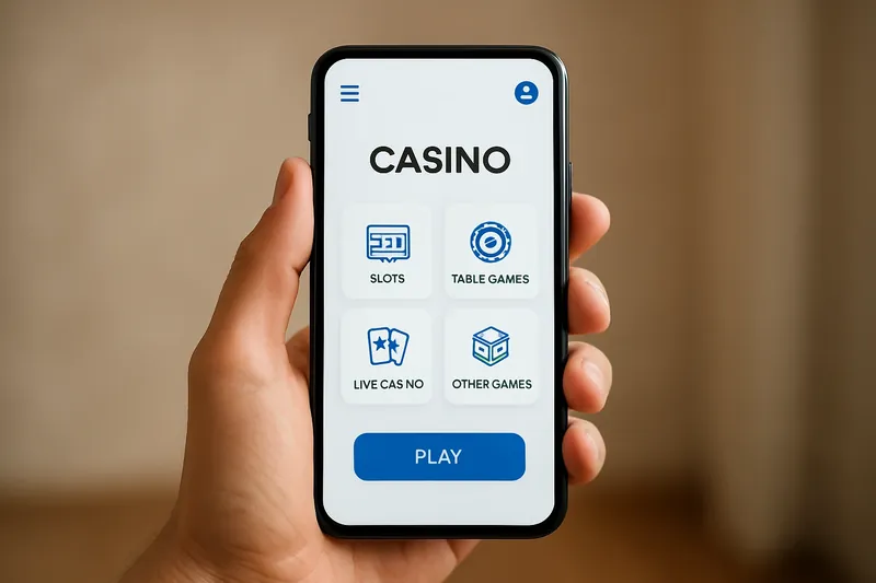 Hand holding smartphone displaying clean light-themed casino interface