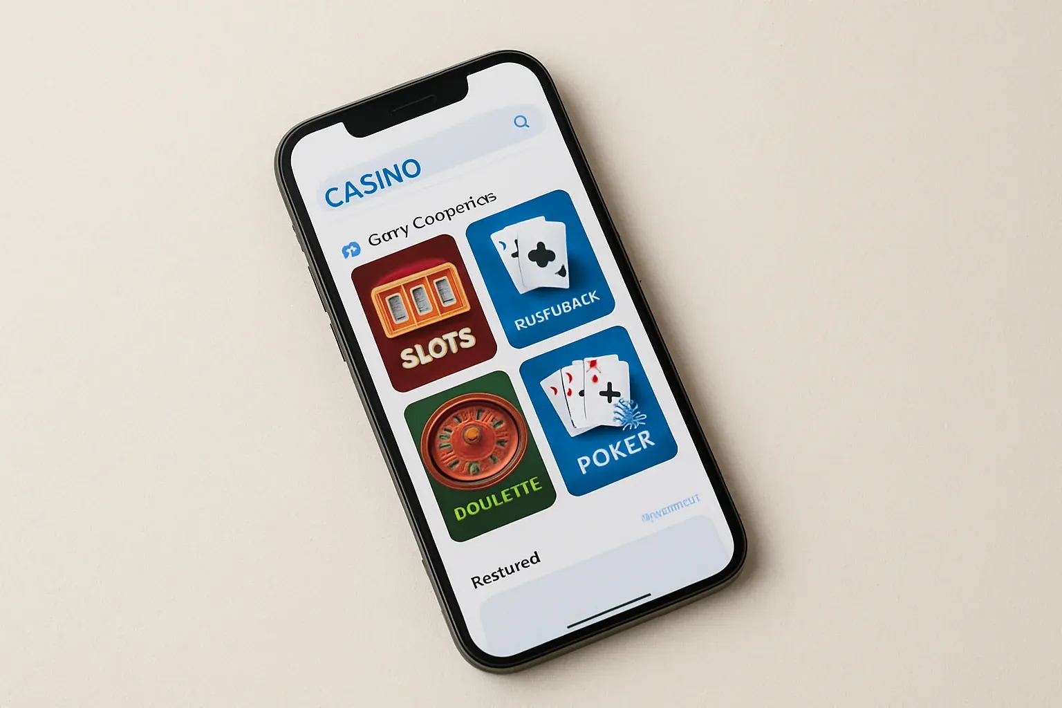 Casino App Smartphone Smartphone angled on cream background showing colorful casino game interface
