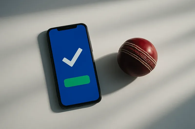 Smartphone with bright betting app beside cricket ball on white background
