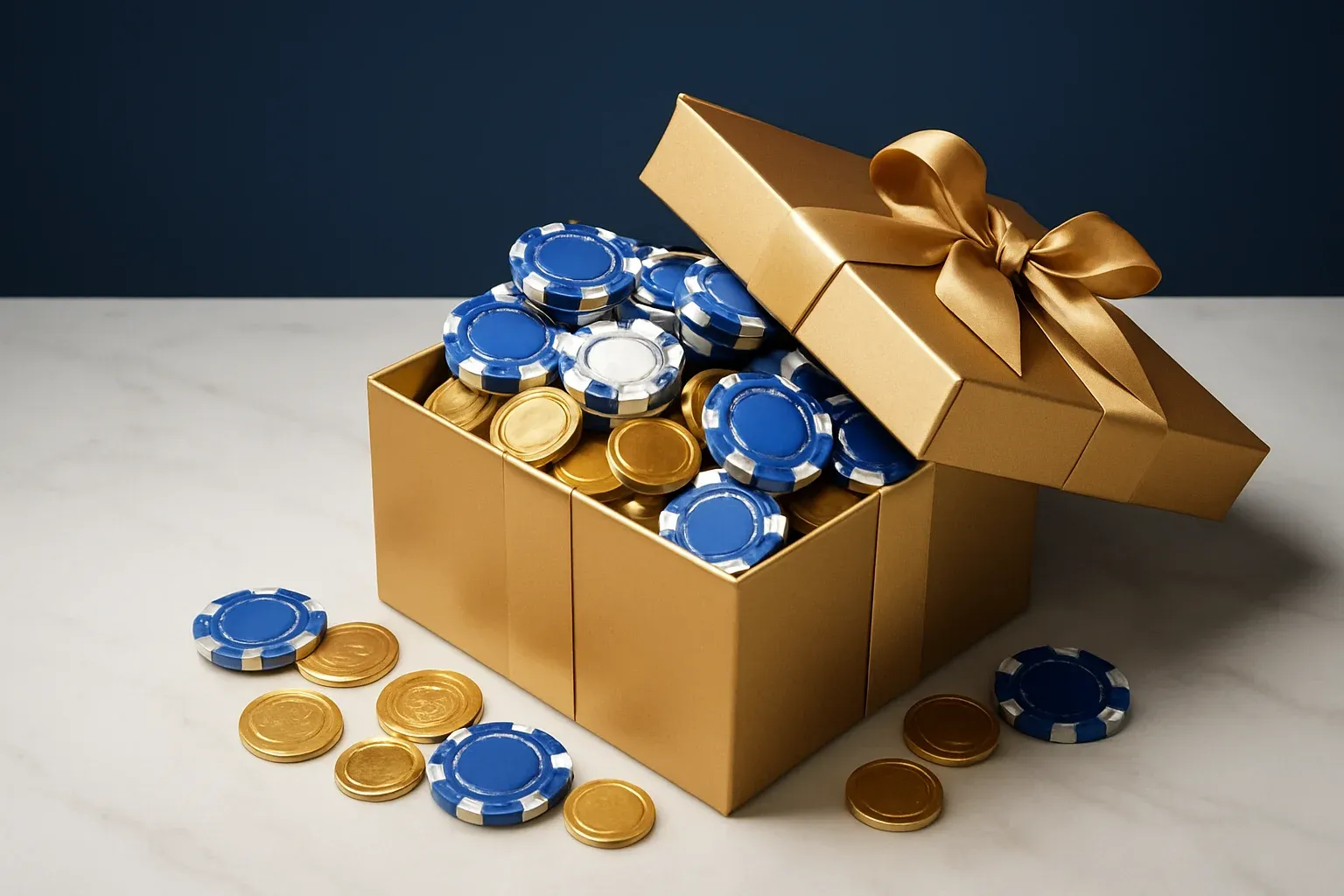 Golden Bonus Gift Golden gift box overflowing with poker chips and gold coins