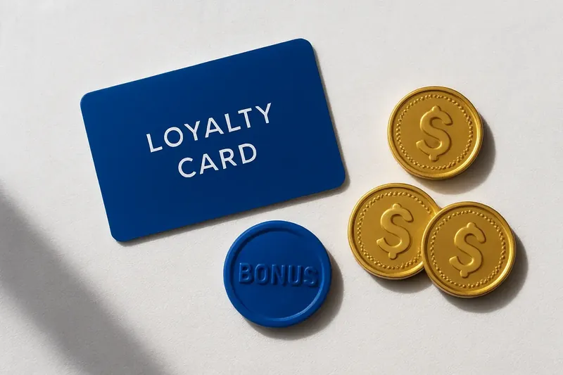 Loyalty card, bonus token and three gold coins on white linen
