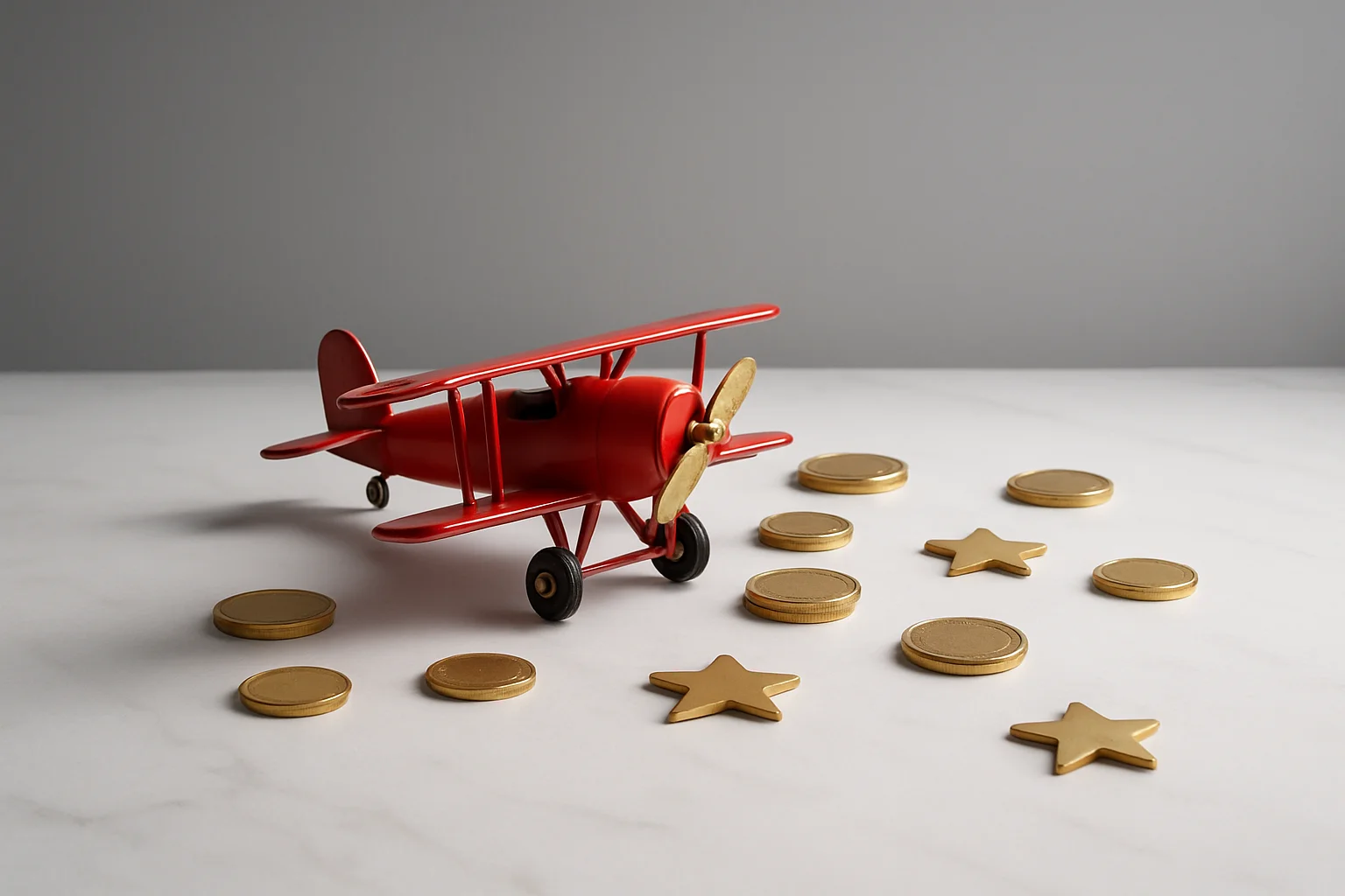 Miniature Airplane Tokens Miniature red airplane with gold coins and star tokens on marble
