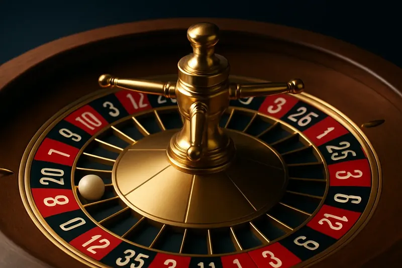 Close-up overhead of roulette wheel center with gold accents