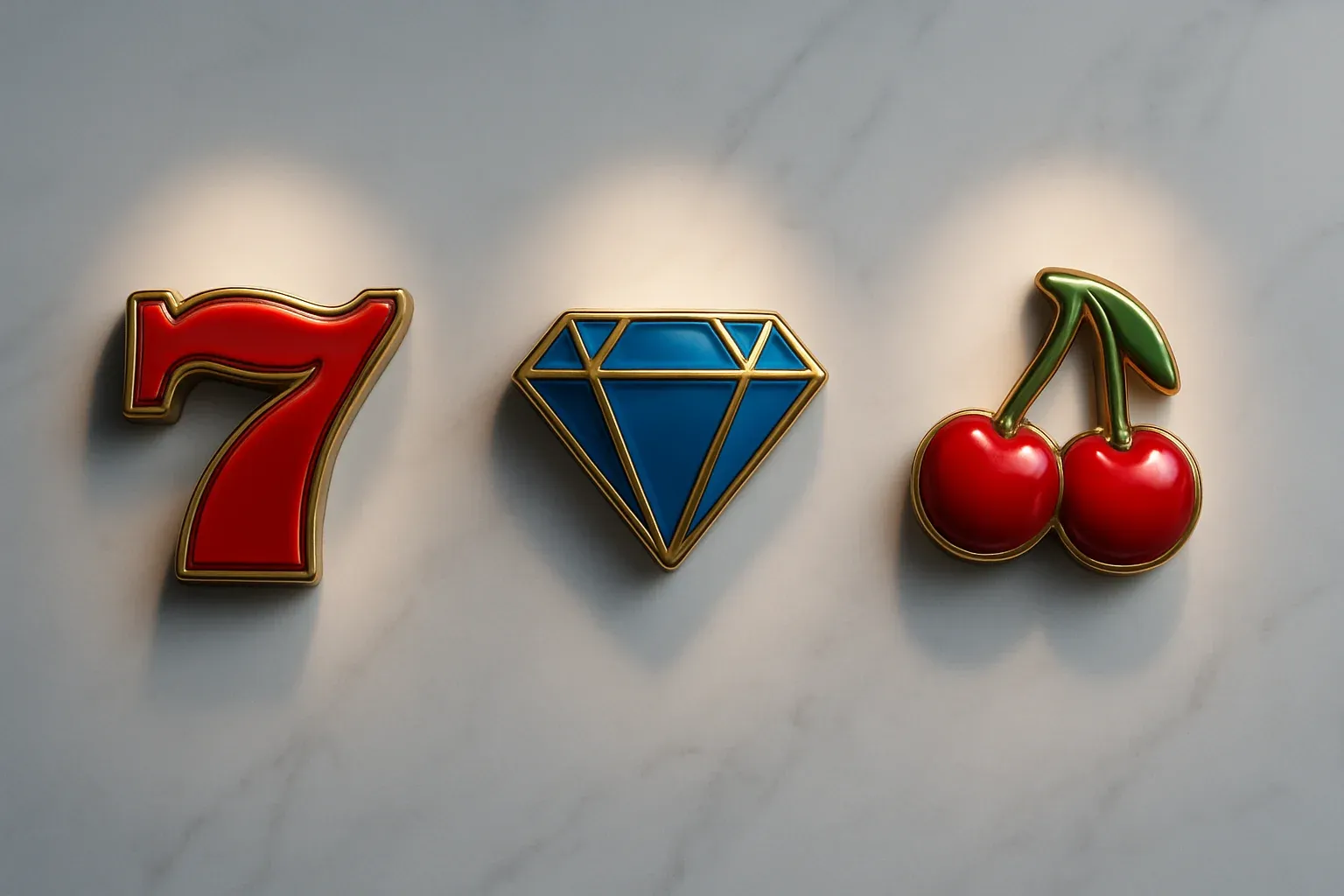 Slot Symbols Flat Lay Three polished slot symbols on white marble with warm spotlights